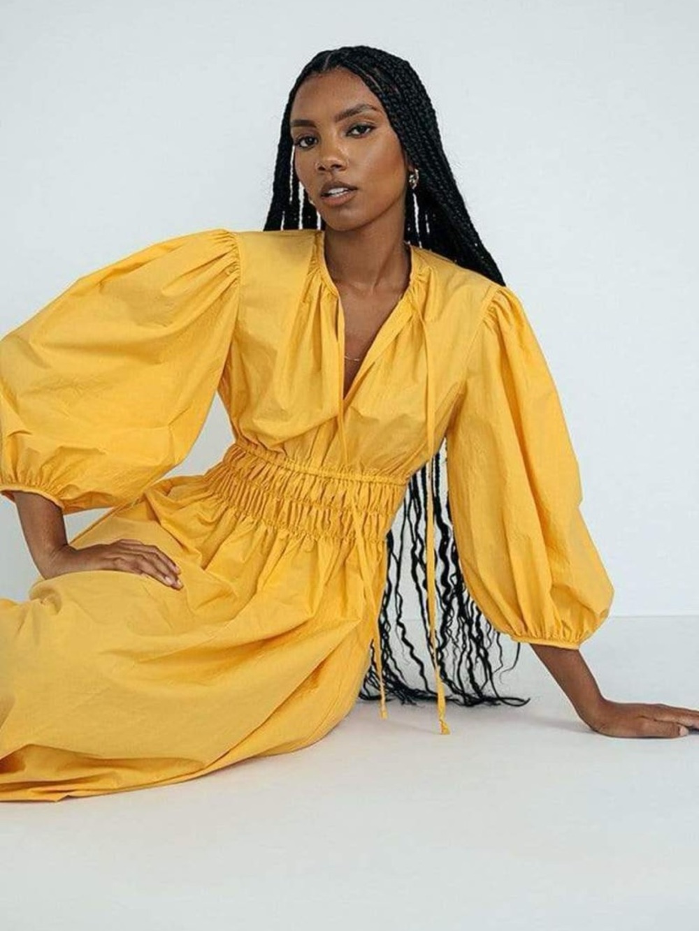 Ciao Lucia Yellow Puff-Sleeve Smocked Midi Dress